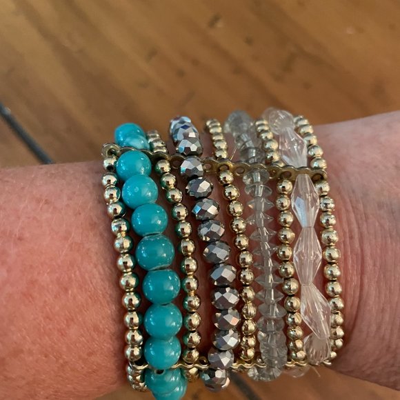 Multi-Strand Beaded Bracelet, Silver, Gold, Faceted, Turquoise & Clear B… - Picture 2 of 3